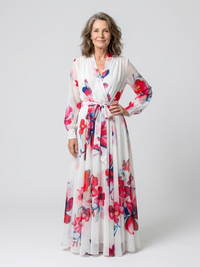Lillian | Blumiges Maxikleid mit langen Ärmeln in Rot
