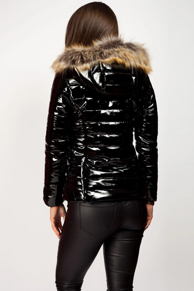 Schwarz glänzender Parka mit Kapuze für Damen | Winter