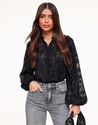 Damen Schwarz Blumen Langarm Bluse in Schwarz