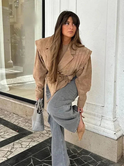 Selena | Damen  V-Ausschnitt Langarm Wildlederjacke