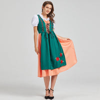 Damen Traditionelles Deutsches Midi Oktoberfest Dirndl Kleid in Grün / Pfirsich