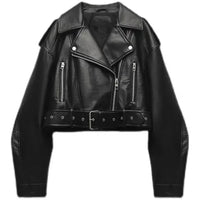 Damen Cropped Biker Lederjacke in Schwarz