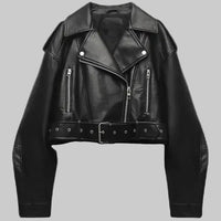 Renate | Damen Cropped Leder-Bikerjacke in Schwarz