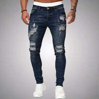 Herren Jeans Zerrissen Slim Fit | Atmungsaktiv Hose in Dunkelblau