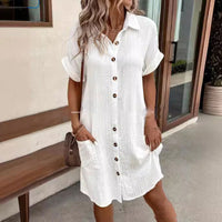 Buttoned Short Sleeve Pocket Casual Shirt Dress in Weiß