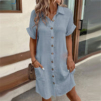 Buttoned Short Sleeve Pocket Casual Shirt Dress in Blau