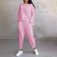 Priscilla - Rundhalsausschnitt langärmeliges Oberteil Hose in Rosa
