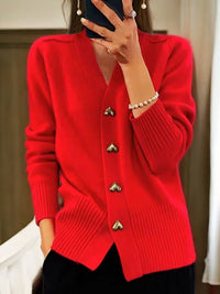 Strickjacke Damen Herzknöpfe Elegant | Weich V-Ausschnitt in Rot
