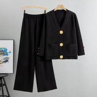 Lieselotte | Damen-Set Knopf-Pullover & Weitbein-Hose in Schwarz