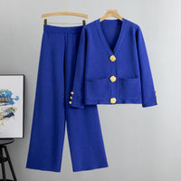 Lieselotte | Damen-Set Knopf-Pullover & Weitbein-Hose in Blau