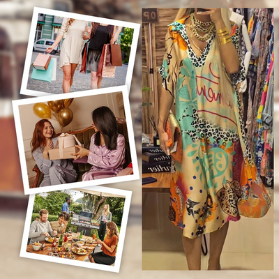 Paulina® | Bedrucktes Damenkleid mit kurzen Ärmeln und tiefem V-Ausschnitt