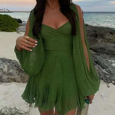 Begrenzte Zeit 50% Rabatt Wickelkleid mit V-Ausschnitt, geschlitzten Ärmeln und Bindegürtel in der Taille