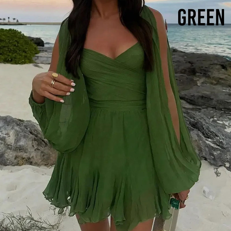 Begrenzte Zeit 50% Rabatt Wickelkleid mit V-Ausschnitt, geschlitzten Ärmeln und Bindegürtel in der Taille