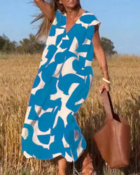 V-Neck Print Dress in Blau