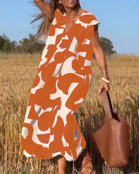 V-Neck Print Dress in Orange