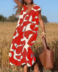 V-Neck Print Dress in Rot