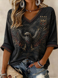 Frauen-T-Shirt mit Deutschland-Fußballmotiv, mittellange Ärmel und V-Ausschnitt in Schwarz