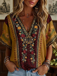 Damen-Boho-T-Shirt mit deutschem Blumenmuster, mittellange Ärmel und V-Ausschnitt in als bild
