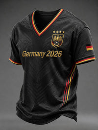Herren-Fußball-T-Shirt aus Deutschland mit V-Ausschnitt und Aufdruck in Schwarz