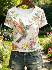 Damen-Blumen-Kolibri-Print-lässiges T-Shirt in Beige