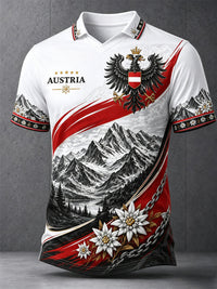Herren-Polo mit Motiven österreichischer Berglandschaften, lässiger Druck in Weiß