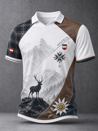 Herren-Polo mit österreichischem Bergmotiv als Kunstdruck, lässig geschnitten in Weiß