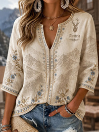 Damen-Top mit lässigem Edelweiß-Flaggen-Print in Aprikose