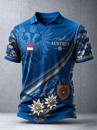 Herren-Polo mit lässigem Edelweiß-Flaggen-Print in österreichischem Stil in blau