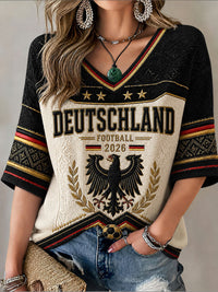 Damen-Fußball-T-Shirt aus Deutschland mit mittellangen Ärmeln und V-Ausschnitt in als bild