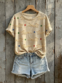 Damen-T-Shirt mit niedlichem Hunde-Print und kurzen Ärmeln in Khaki