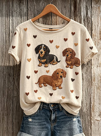 Damen-T-Shirt mit niedlichem Dackel- und Herz-Muster, Kurzarm in Beige