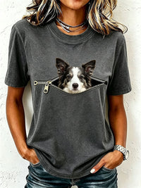 Damen-T-Shirt mit niedlichem Border Collie in Dunkelgrau