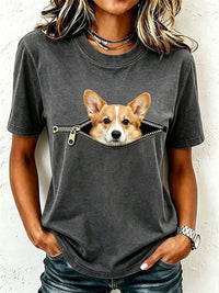 Damen-T-Shirt mit niedlichem Corgi in Dunkelgrau