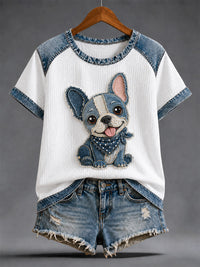 Damen-Denim-Patchwork-T-Shirt mit Hunde-Print und Waffelstruktur, lässig in Weiß
