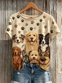 Damen-T-Shirt mit kurzen Ärmeln für Hunde und Pfoten muster in Beige