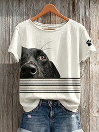 Frauen Peeking Dog & Paw Print Gestreiftes Print Kurzarm-T-Shirt in Weiß