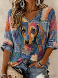 Damen-T-Shirt mit Hunde-Print, mittellange Ärmel und V-Ausschnitt in als bild