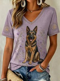 Damen-Retro-T-Shirt mit Blumen- und Hunde-Print, lässig, V-Ausschnitt in Lila