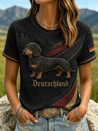 Damen-T-Shirt mit Dackel-Print aus Waffelstoff, kurzärmelig in Schwarz