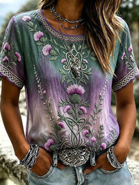 Damen Vintage Celtic Scottish Distel Edles Print Leinen Kurzarm T-Shirt in Lila