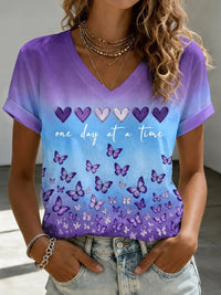 Damen-T-Shirt mit Aufdruck zur Sensibilisierung für die Alzheimer-Krankheit, V-Ausschnitt in Lila
