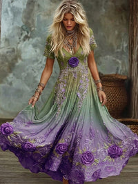 Damen Vintage lila Rose Art Gradient Print V-Ausschnitt Flowy Maxi Kleid in Lila