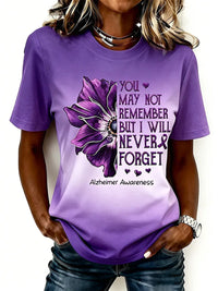 Damen-T-Shirt mit lila Blumenmuster und Aufdruck zur Sensibilisierung für die Alzheimer-Krankheit in Lila