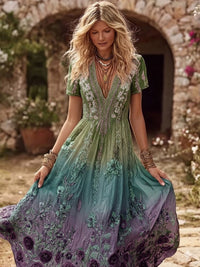 Damen Edles lila Blumen kunst Gradienten druck V-Ausschnitt Flowy Maxi Kleid in Lila