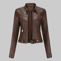 Lara | Damen Casual Gürtel Bikerlederjacke in Dunkel Braun