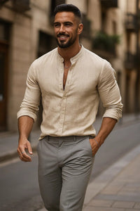 Tobias | Herren Leinen Langarm-Hemd mit Grandad-Kragen in Beige