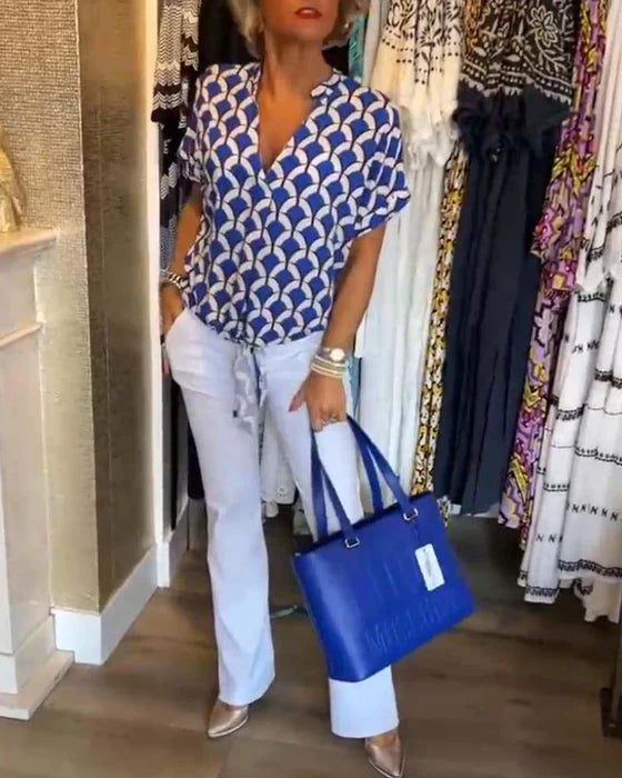 Rhea™ - Lässiges bedrucktes V-Ausschnitt-Top