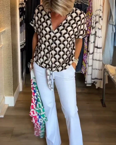 Rhea™ - Lässiges bedrucktes V-Ausschnitt-Top