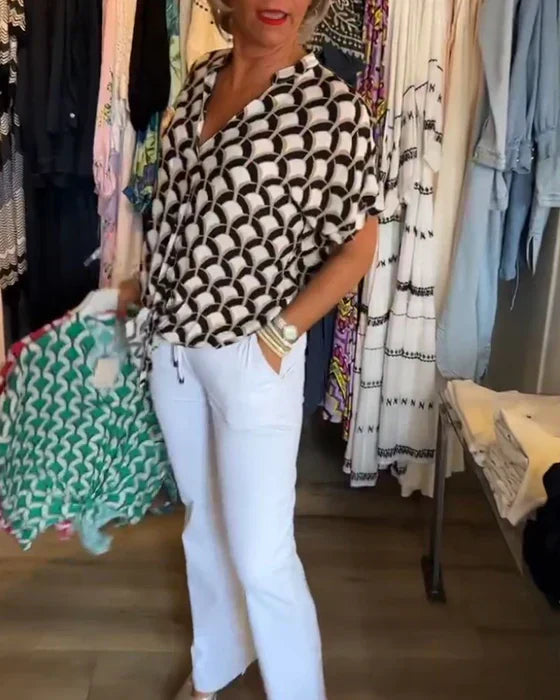 Rhea™ - Lässiges bedrucktes V-Ausschnitt-Top