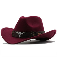Nord Taschen - Western-Stil Filzhut mit Stier-Schnallenband in Wein